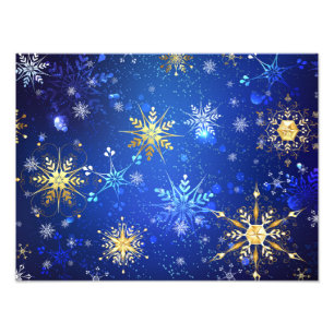 XMAS Blue Background mit goldenen Schneeflocken Fotodruck