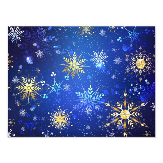 XMAS Blue Background mit goldenen Schneeflocken Fotodruck (Vorne)