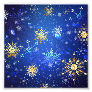 XMAS Blue Background mit goldenen Schneeflocken Fotodruck