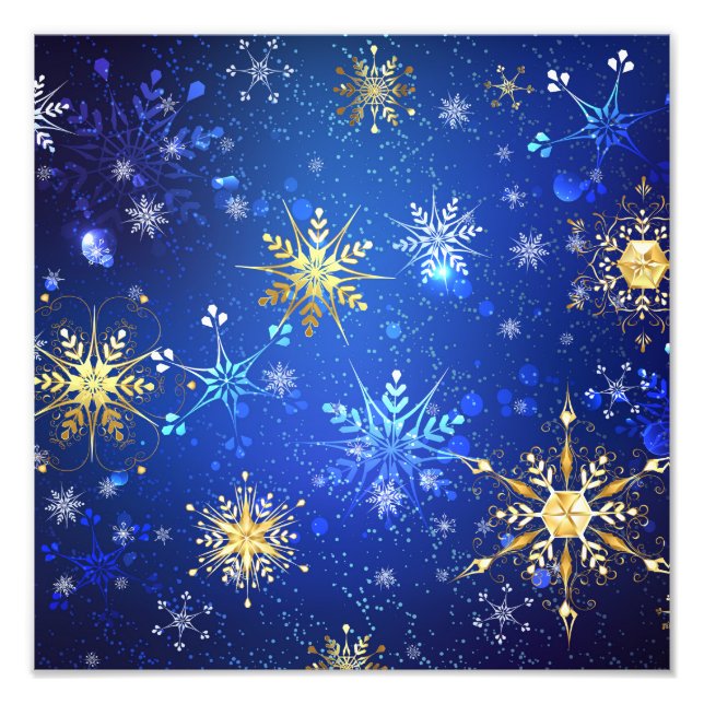 XMAS Blue Background mit goldenen Schneeflocken Fotodruck (Vorne)