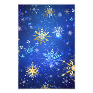 XMAS Blue Background mit goldenen Schneeflocken Fotodruck