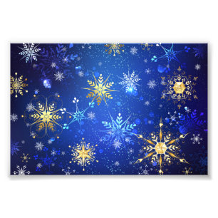 XMAS Blue Background mit goldenen Schneeflocken Fotodruck
