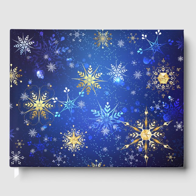 XMAS Blue Background mit goldenen Schneeflocken Gästebuch (Vorderseite)