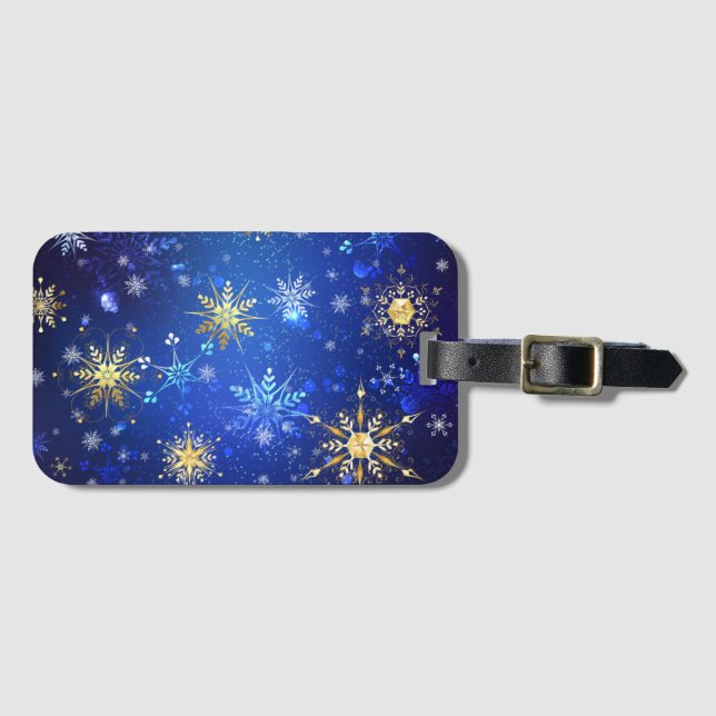 XMAS Blue Background mit goldenen Schneeflocken Gepäckanhänger (Vorderseite (Horizontal))