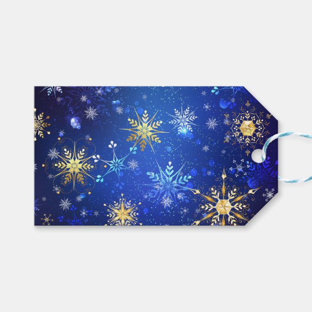 XMAS Blue Background mit goldenen Schneeflocken Geschenkanhänger (Vorderseite (Horizontal))