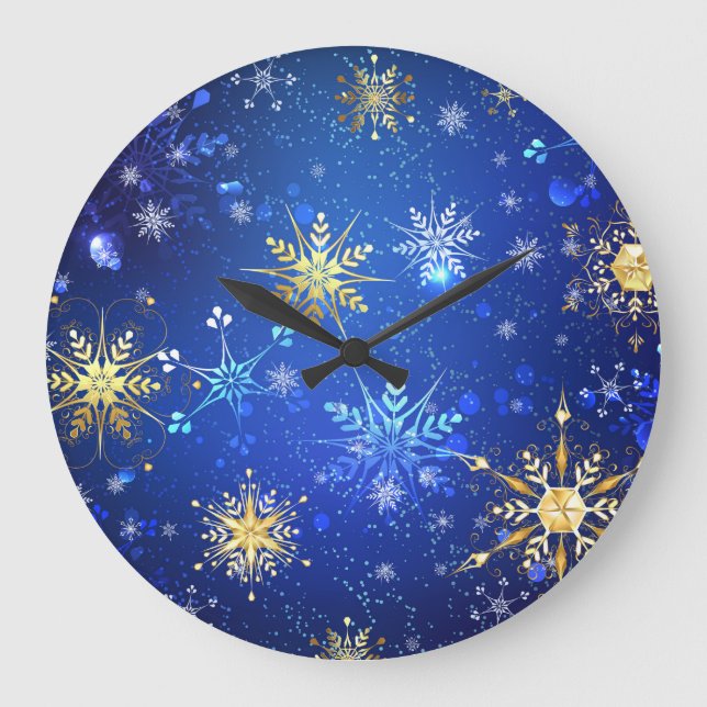 XMAS Blue Background mit goldenen Schneeflocken Große Wanduhr (Vorderseite)