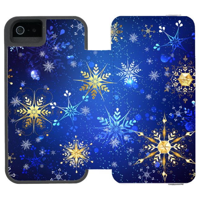 XMAS Blue Background mit goldenen Schneeflocken Incipio iPhone Geldbeutel-Hülle (Folio Geöffnet)