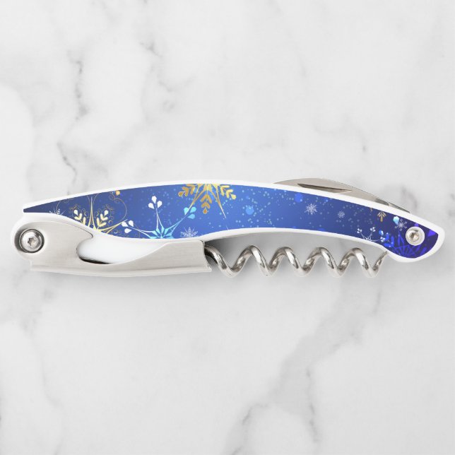 XMAS Blue Background mit goldenen Schneeflocken Kellnermesser (Vorderseite)