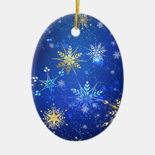 XMAS Blue Background mit goldenen Schneeflocken Keramik Ornament