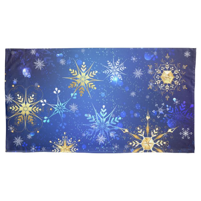 XMAS Blue Background mit goldenen Schneeflocken Kissenbezug (Vorderseite-Links)