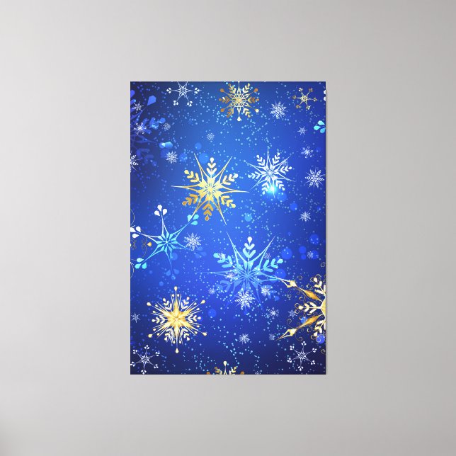 XMAS Blue Background mit goldenen Schneeflocken Leinwanddruck (Vorderseite)