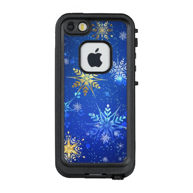 XMAS Blue Background mit goldenen Schneeflocken LifeProof iPhone Hülle (Rückseite)
