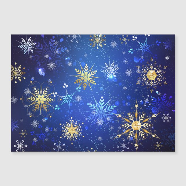 XMAS Blue Background mit goldenen Schneeflocken Magnetkarte (Vorderseite)