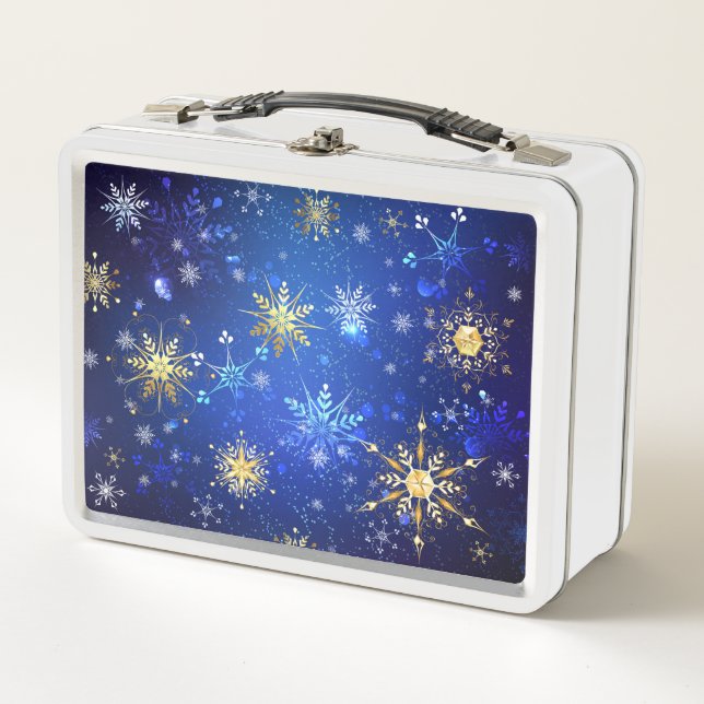 XMAS Blue Background mit goldenen Schneeflocken Metall Brotdose (Vorderseite)