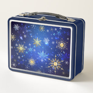 XMAS Blue Background mit goldenen Schneeflocken Metall Brotdose
