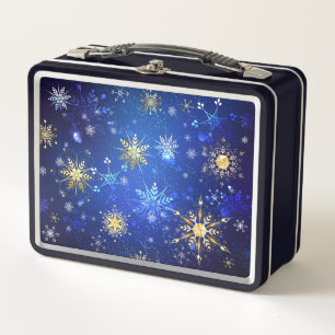 XMAS Blue Background mit goldenen Schneeflocken Metall Brotdose