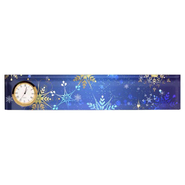 XMAS Blue Background mit goldenen Schneeflocken Namensplakette (Vorderseite)