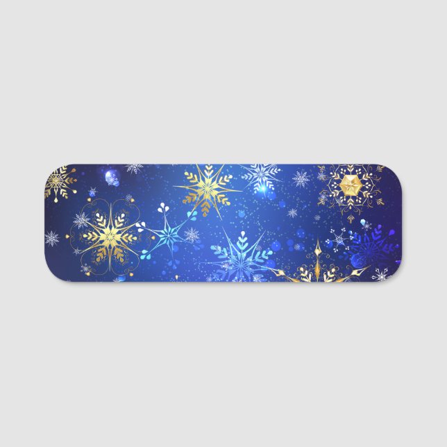 XMAS Blue Background mit goldenen Schneeflocken Namensschild (Vorderseite)