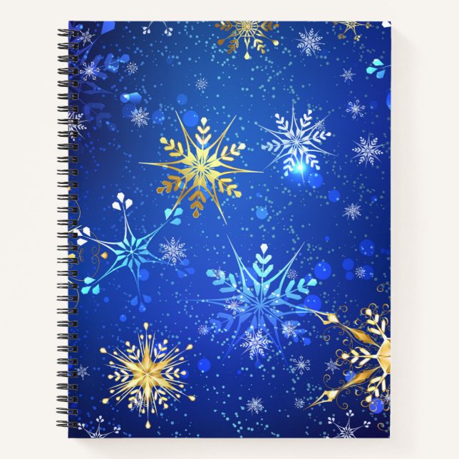 XMAS Blue Background mit goldenen Schneeflocken Notizbuch (Vorderseite)