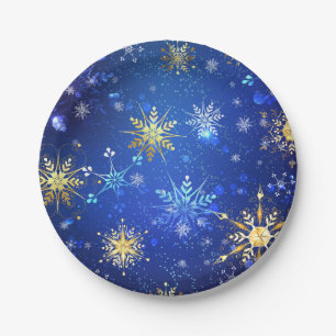 XMAS Blue Background mit goldenen Schneeflocken Pappteller