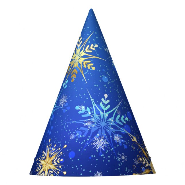 XMAS Blue Background mit goldenen Schneeflocken Partyhütchen (Vorderseite)