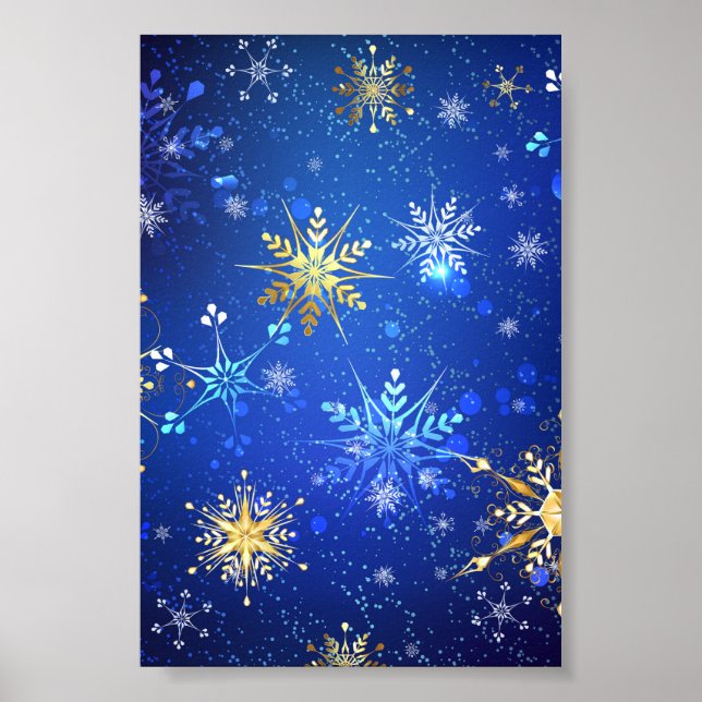 XMAS Blue Background mit goldenen Schneeflocken Poster (Vorne)