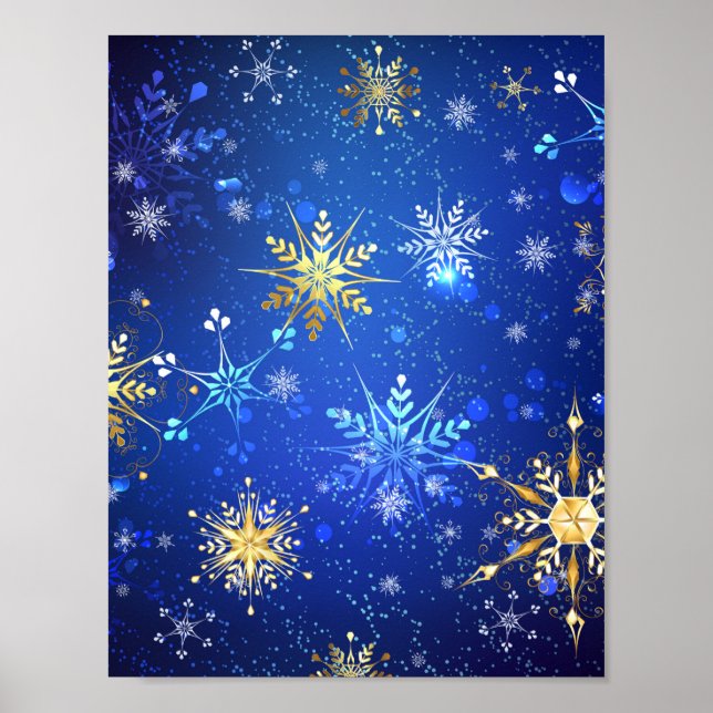 XMAS Blue Background mit goldenen Schneeflocken Poster (Vorne)