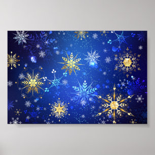 XMAS Blue Background mit goldenen Schneeflocken Poster