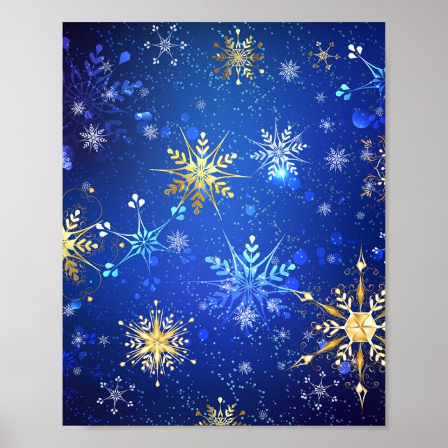 XMAS Blue Background mit goldenen Schneeflocken Poster (Vorne)