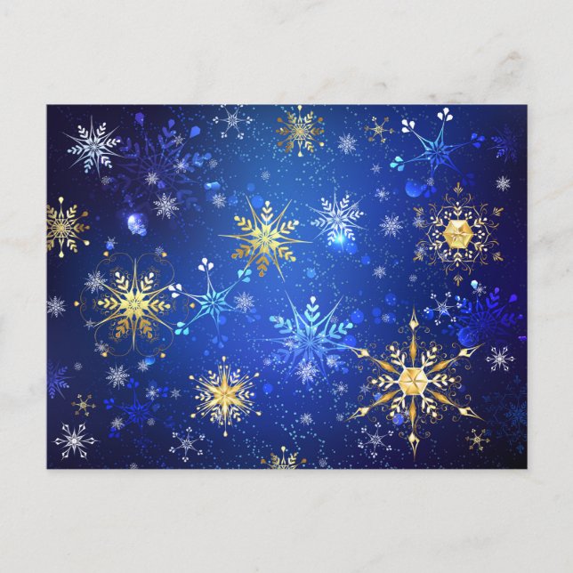 XMAS Blue Background mit goldenen Schneeflocken Postkarte (Vorderseite)