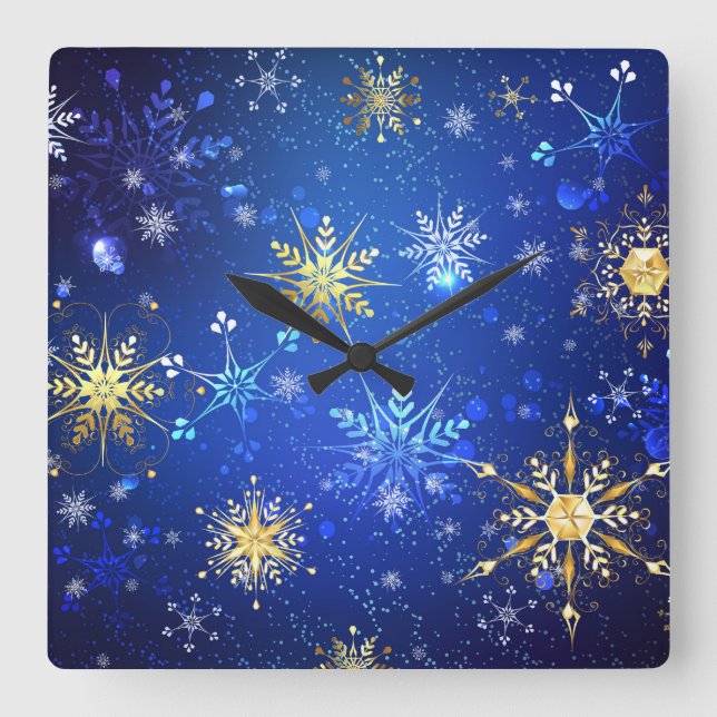 XMAS Blue Background mit goldenen Schneeflocken Quadratische Wanduhr (Vorderseite)