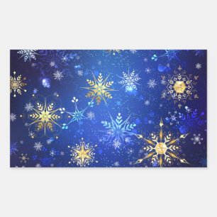 XMAS Blue Background mit goldenen Schneeflocken Rechteckiger Aufkleber