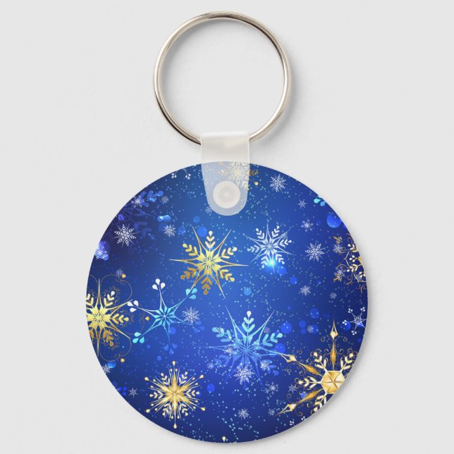 XMAS Blue Background mit goldenen Schneeflocken Schlüsselanhänger (Vorderseite)