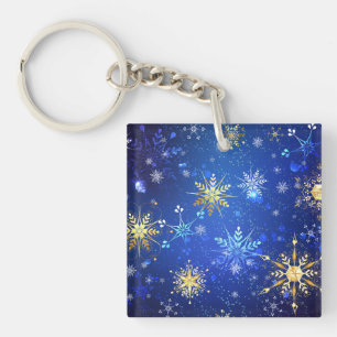 XMAS Blue Background mit goldenen Schneeflocken Schlüsselanhänger