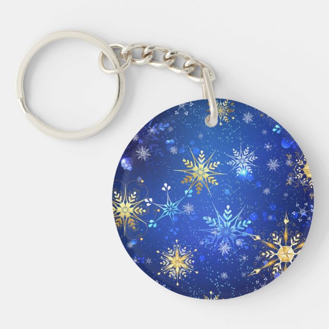XMAS Blue Background mit goldenen Schneeflocken Schlüsselanhänger (Vorderseite)