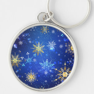 XMAS Blue Background mit goldenen Schneeflocken Schlüsselanhänger