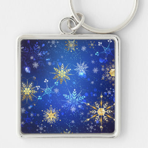 XMAS Blue Background mit goldenen Schneeflocken Schlüsselanhänger