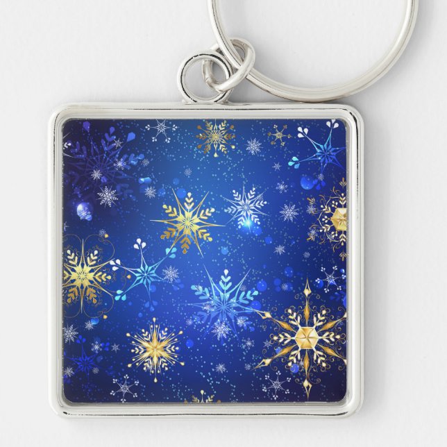 XMAS Blue Background mit goldenen Schneeflocken Schlüsselanhänger (Vorne)
