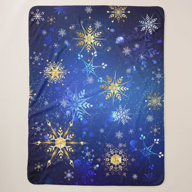 XMAS Blue Background mit goldenen Schneeflocken Sherpadecke (Vorderseite)