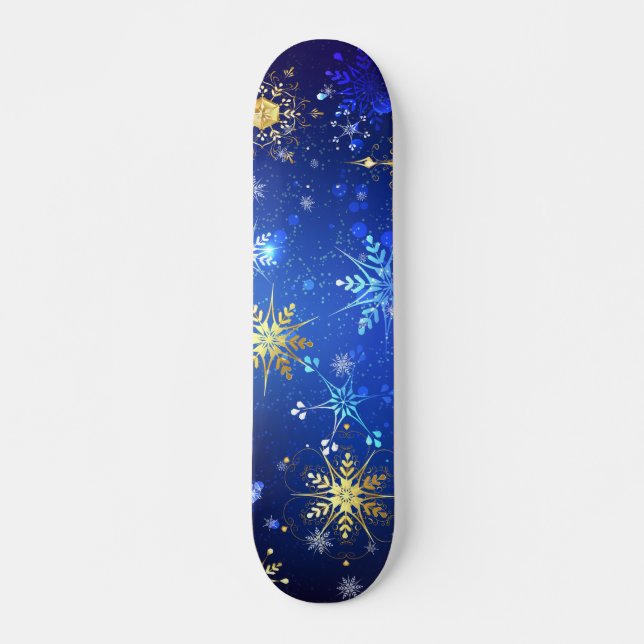 XMAS Blue Background mit goldenen Schneeflocken Skateboard (Vorne)