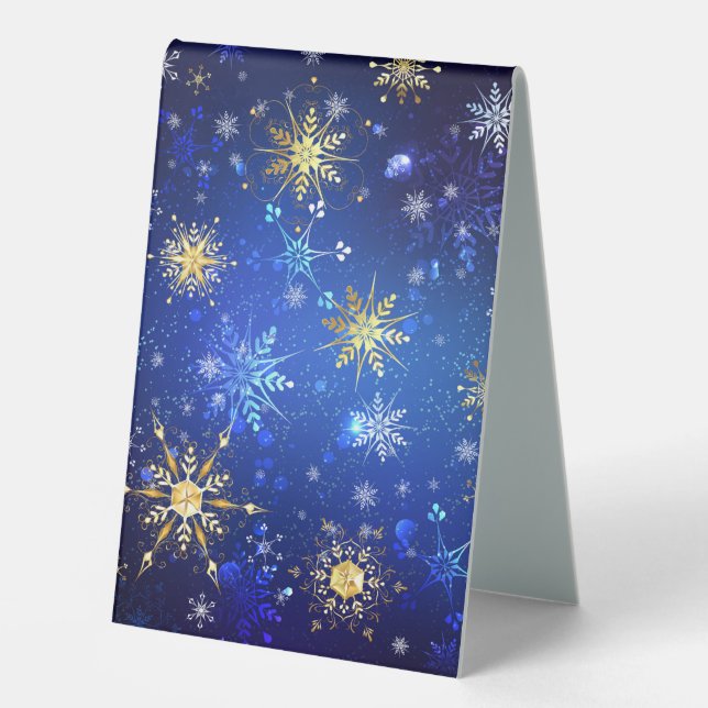 XMAS Blue Background mit goldenen Schneeflocken Tischaufsteller (Vorderseite)