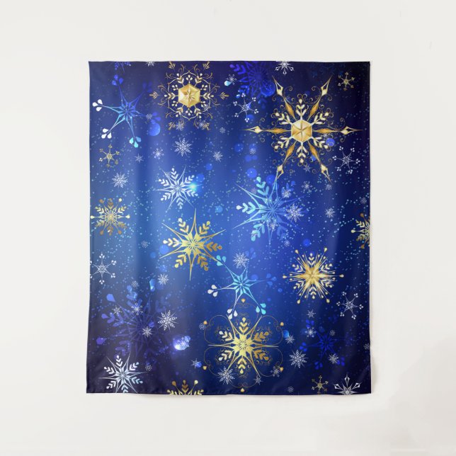 XMAS Blue Background mit goldenen Schneeflocken Wandteppich (Vorderseite)