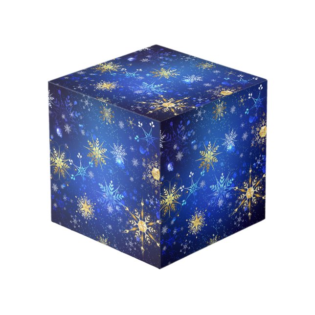XMAS Blue Background mit goldenen Schneeflocken Würfel (Vorderseite Schrägansicht)