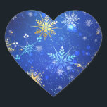 XMAS Blue Background with Golden Snowflakes Herz-Aufkleber<br><div class="desc">Blue Christmas background with gold and white jewelry snowflakes. Golden snowflakes. XMAS.</div>