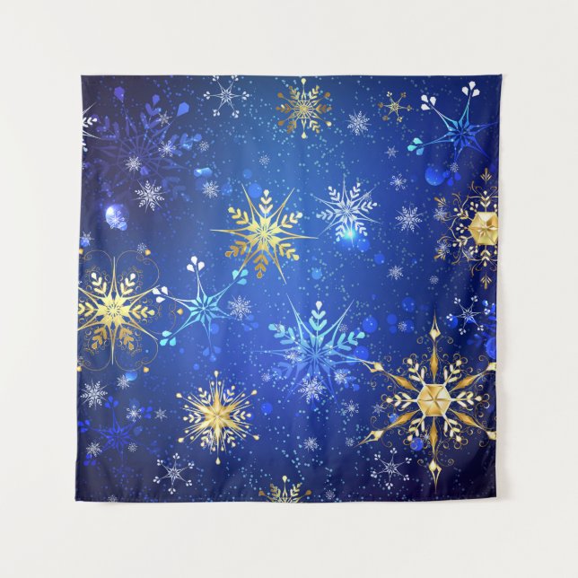 XMAS Blue Background with Golden Snowflakes Wandteppich (Vorderseite)