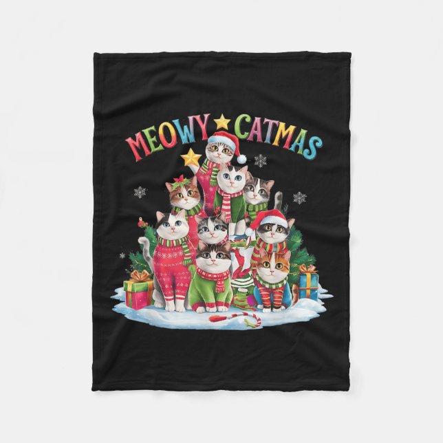 Xmas Cat Lover Meowy Catmas Weihnachtsbaum Fleecedecke (Vorderseite)