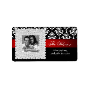 Xmas Damask Wedwel Jewel Black Red White Adressaufkleber