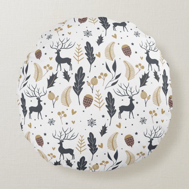 Xmas Deer and Blätter Joyful Greetings Collection Rundes Kissen (Vorderseite)