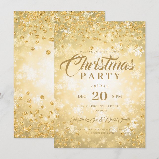 Xmas Dinner Party Gold Winter Diamanten Glitzer Einladung (Vorne/Hinten)