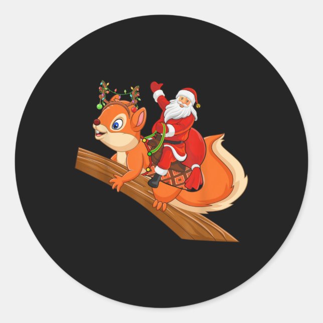 Xmas Family Matching Funny Santa Riding Squirrel C Runder Aufkleber (Vorderseite)